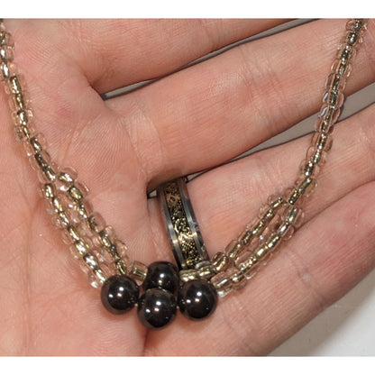 Minimalist Handmade Glass Clear Silver Black Beaded Necklace 20 Inch