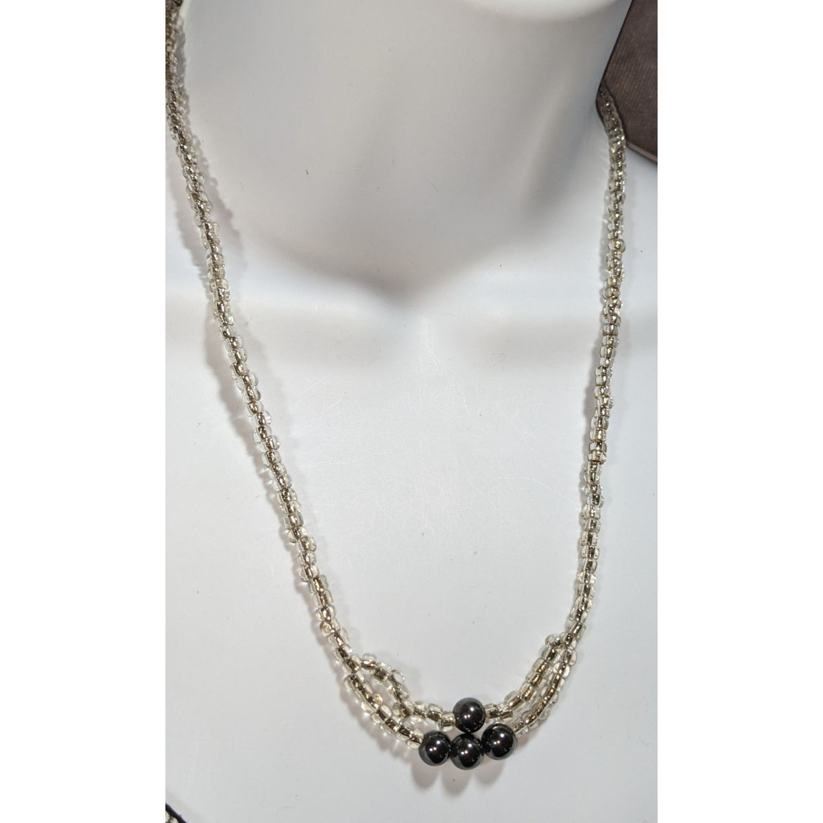 Minimalist Handmade Glass Clear Silver Black Beaded Necklace 20 Inch