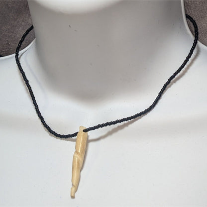 Vintage Black Glass Beaded Necklace with Spiral Bone Pendant