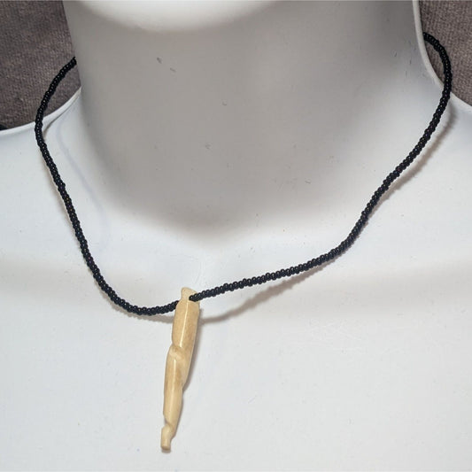 Vintage Black Glass Beaded Necklace with Spiral Bone Pendant
