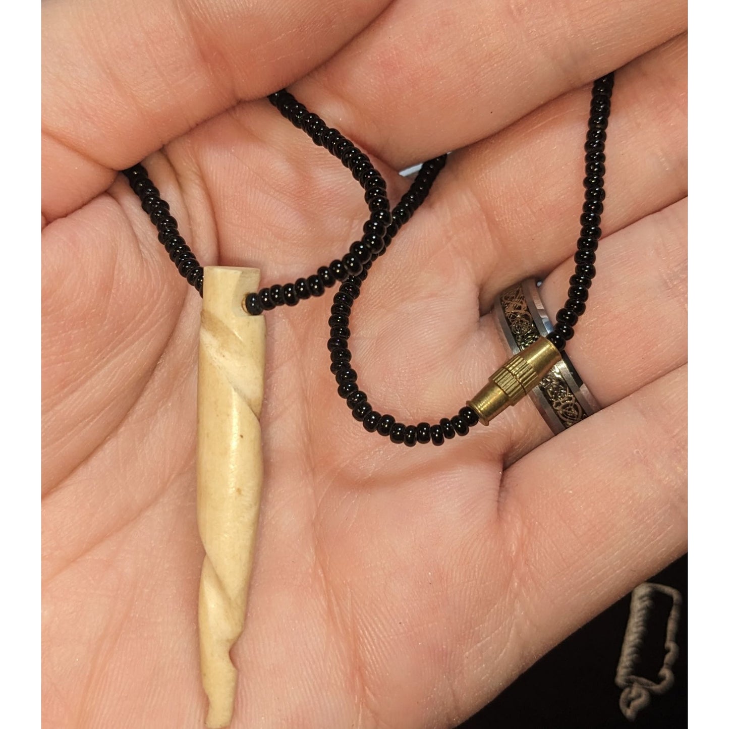 Vintage Black Glass Beaded Necklace with Spiral Bone Pendant
