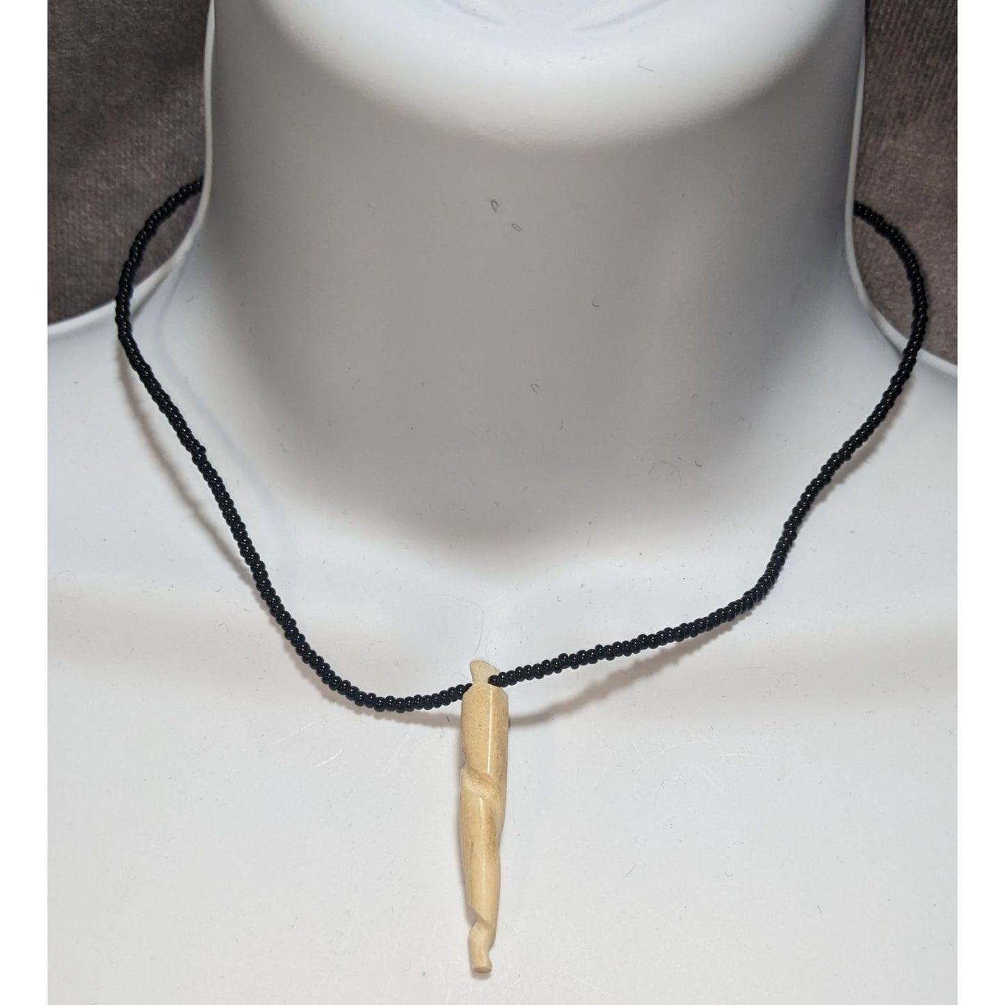 Vintage Black Glass Beaded Necklace with Spiral Bone Pendant