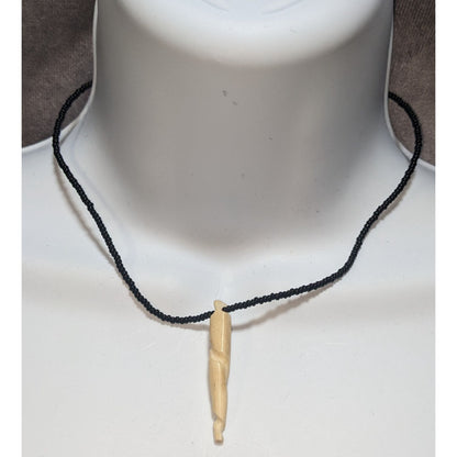 Vintage Black Glass Beaded Necklace with Spiral Bone Pendant