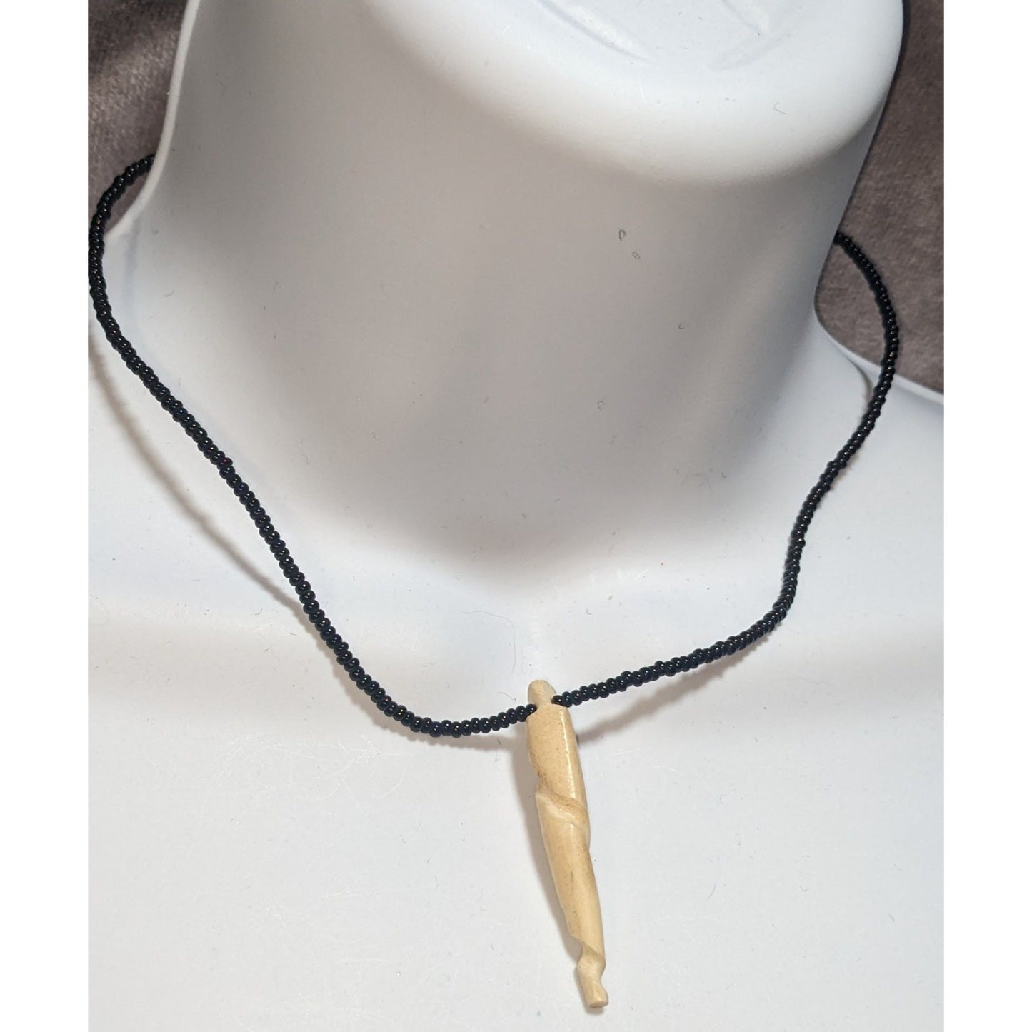Vintage Black Glass Beaded Necklace with Spiral Bone Pendant