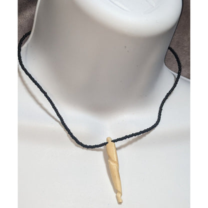 Vintage Black Glass Beaded Necklace with Spiral Bone Pendant