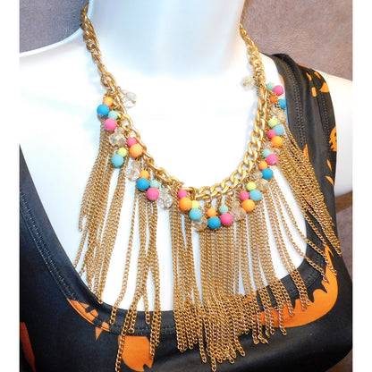 Neon 80s Beaded Gold Tone Chain Fringe Necklace