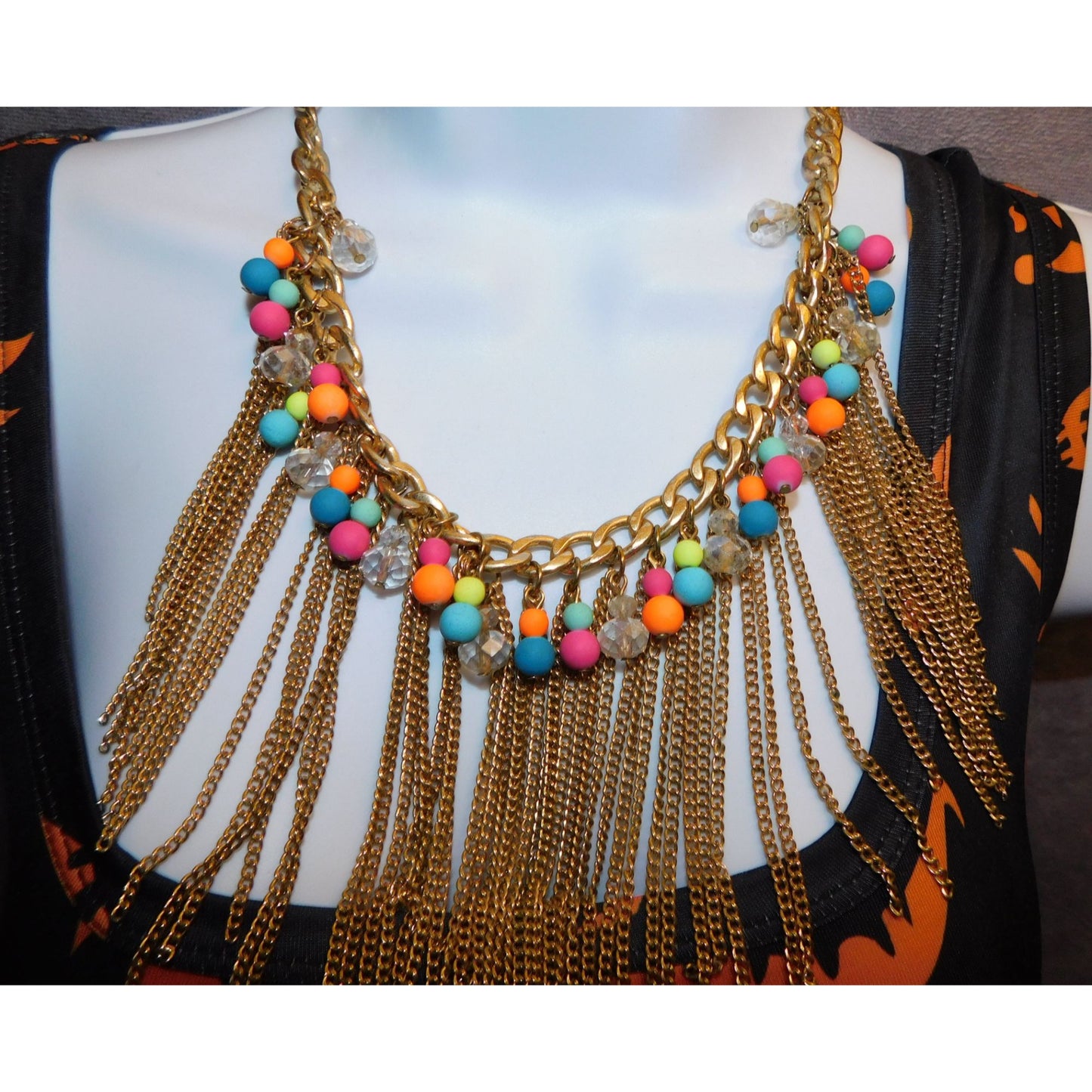 Neon 80s Beaded Gold Tone Chain Fringe Necklace