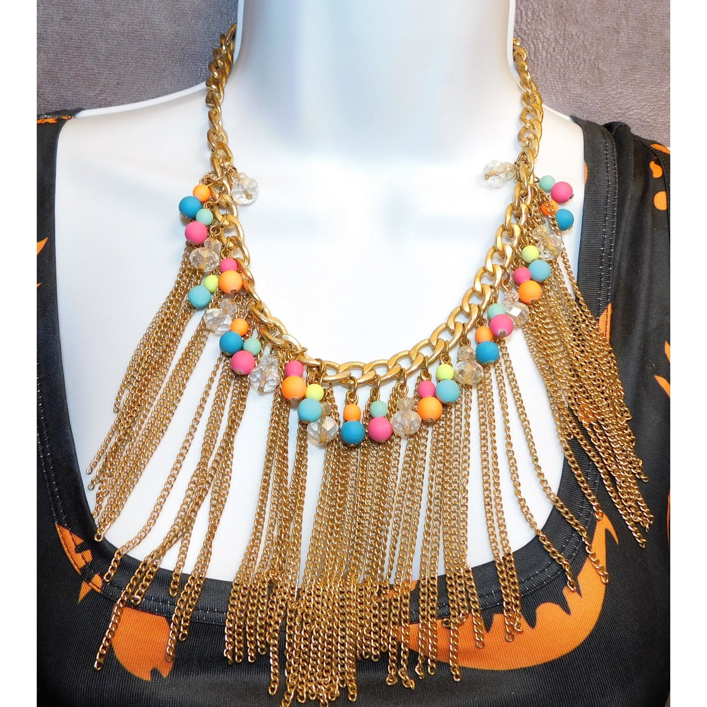 Neon 80s Beaded Gold Tone Chain Fringe Necklace