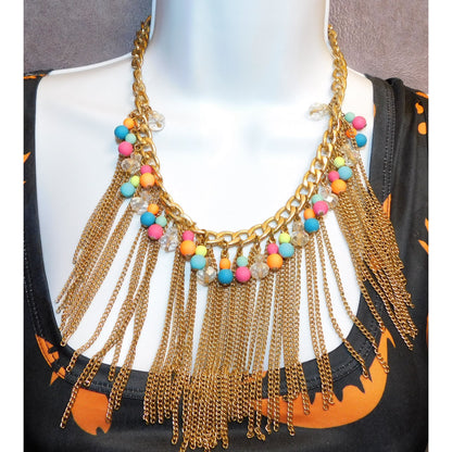 Neon 80s Beaded Gold Tone Chain Fringe Necklace