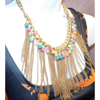 Neon 80s Beaded Gold Tone Chain Fringe Necklace