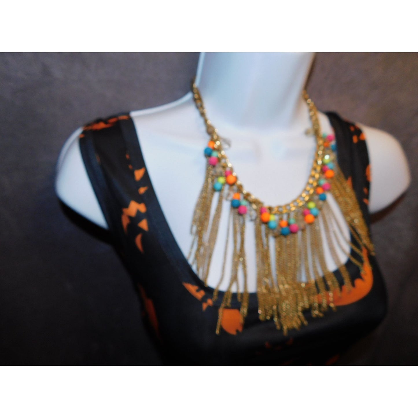 Neon 80s Beaded Gold Tone Chain Fringe Necklace