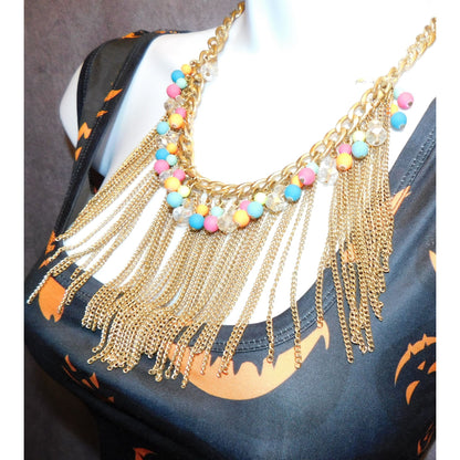 Neon 80s Beaded Gold Tone Chain Fringe Necklace