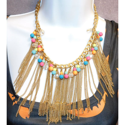 Neon 80s Beaded Gold Tone Chain Fringe Necklace