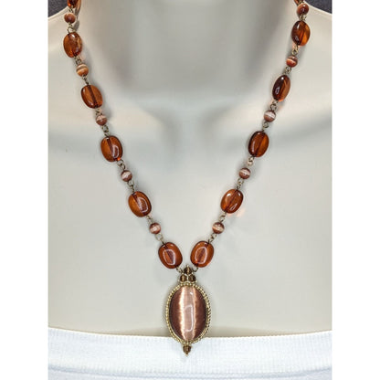 Brown Cat's Eye Pendant Necklace Vintage Style Glass Beaded Statement Necklace Bronze Tone