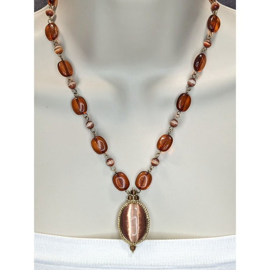 Brown Cat's Eye Pendant Necklace Vintage Style Glass Beaded Statement Necklace Bronze Tone