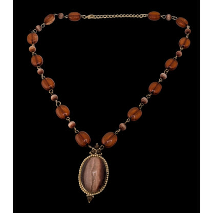 Brown Cat's Eye Pendant Necklace Vintage Style Glass Beaded Statement Necklace Bronze Tone