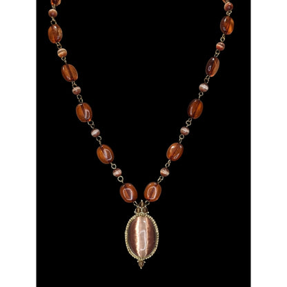 Brown Cat's Eye Pendant Necklace Vintage Style Glass Beaded Statement Necklace Bronze Tone
