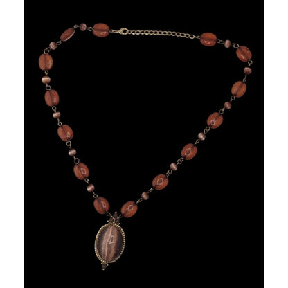 Brown Cat's Eye Pendant Necklace Vintage Style Glass Beaded Statement Necklace Bronze Tone
