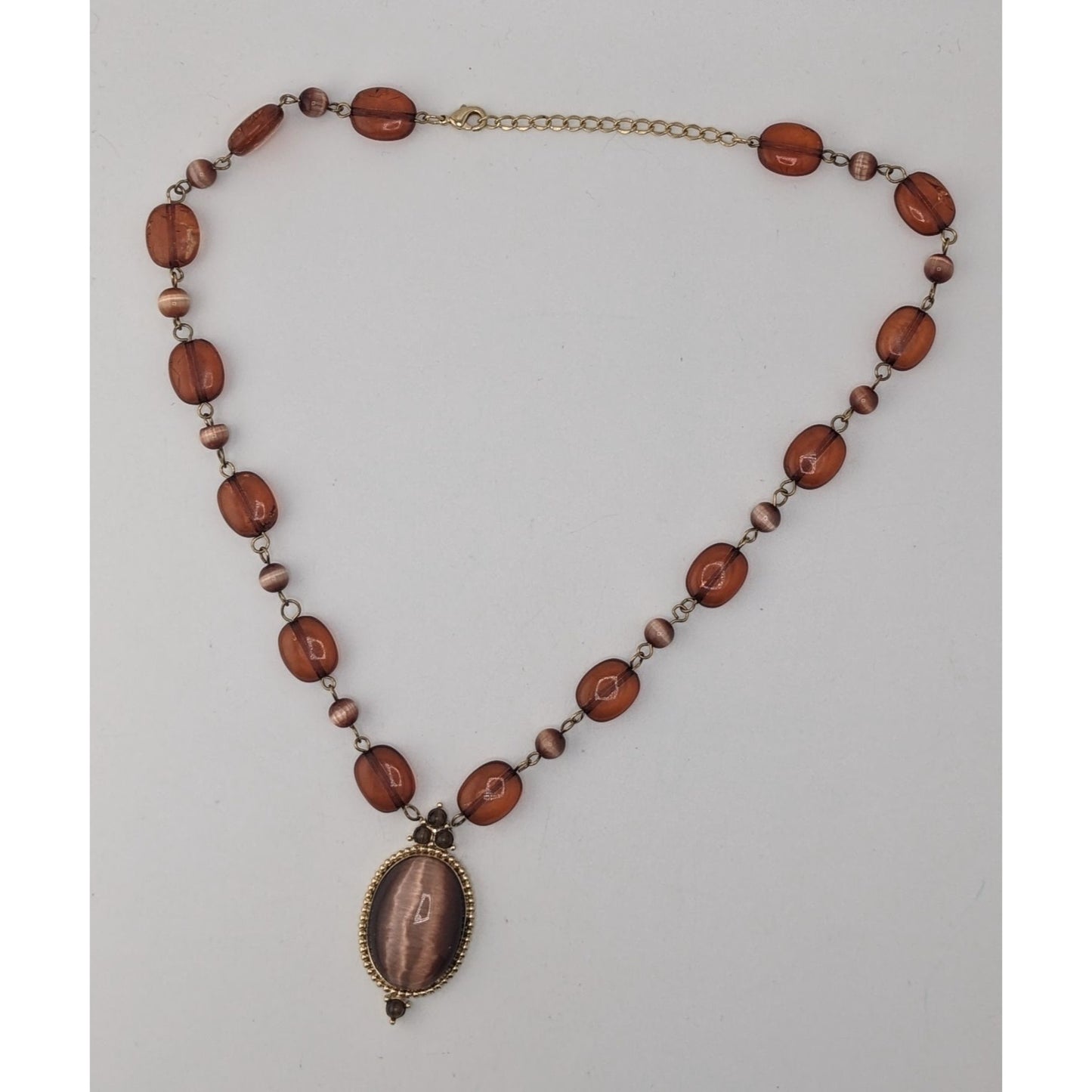 Brown Cat's Eye Pendant Necklace Vintage Style Glass Beaded Statement Necklace Bronze Tone