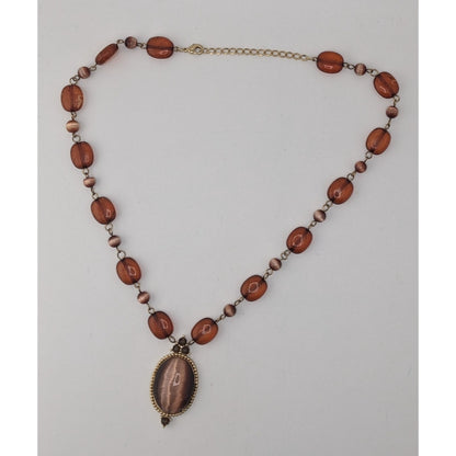 Brown Cat's Eye Pendant Necklace Vintage Style Glass Beaded Statement Necklace Bronze Tone