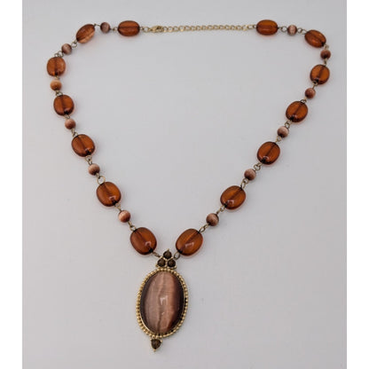 Brown Cat's Eye Pendant Necklace Vintage Style Glass Beaded Statement Necklace Bronze Tone