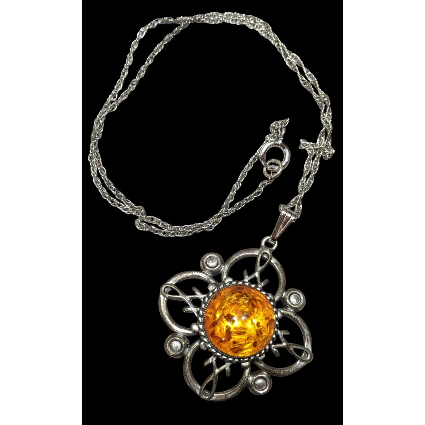 Vintage Amber Guild Sterling Silver And Amber Flower Necklace