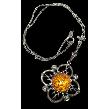 Vintage Amber Guild Sterling Silver And Amber Flower Necklace