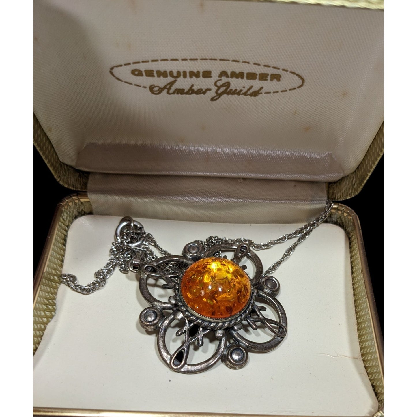 Vintage Amber Guild Sterling Silver And Amber Flower Necklace