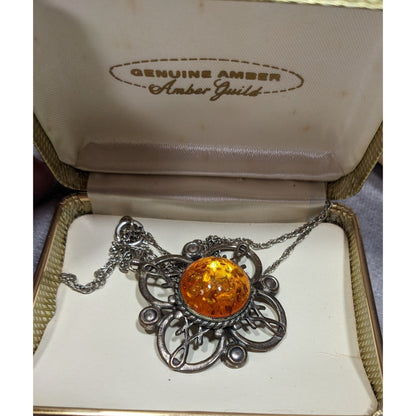 Vintage Amber Guild Sterling Silver And Amber Flower Necklace
