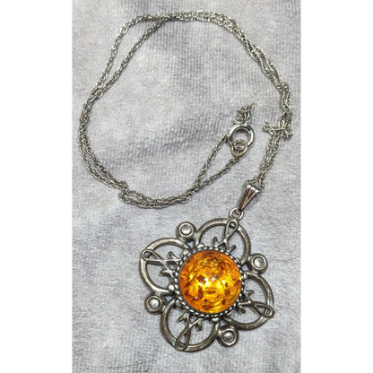 Vintage Amber Guild Sterling Silver And Amber Flower Necklace