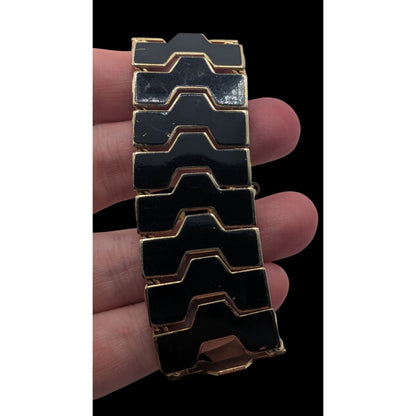 Mod MCM 1960s Vintage Black Enamel Geometric Link Bracelet Gold Tone