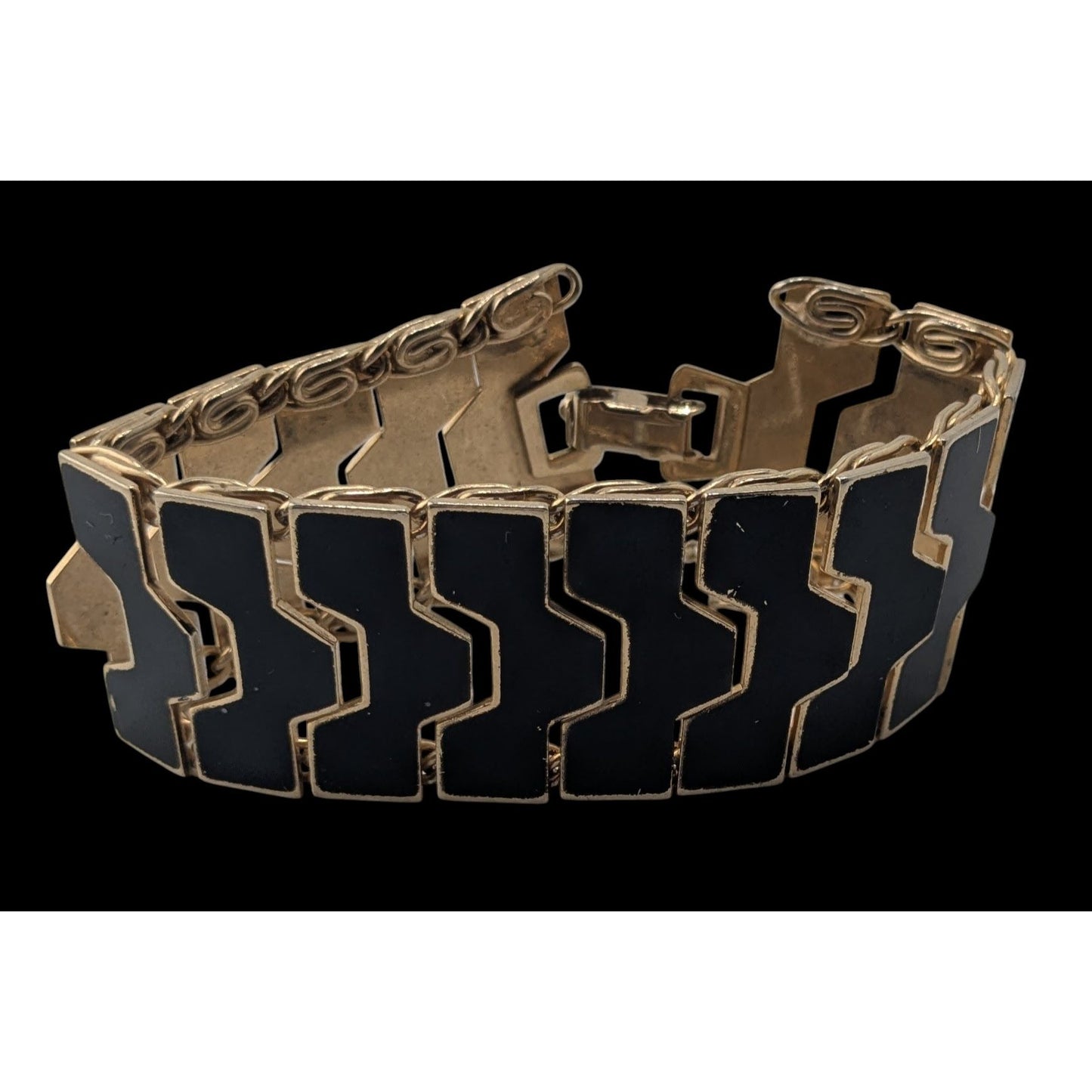 Mod MCM 1960s Vintage Black Enamel Geometric Link Bracelet Gold Tone