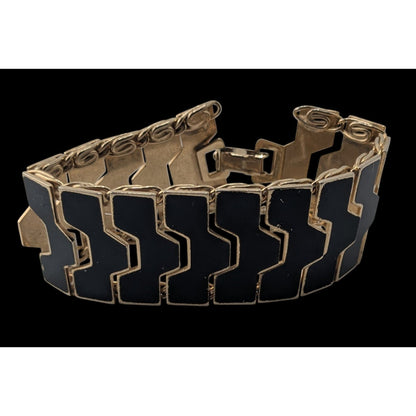 Mod MCM 1960s Vintage Black Enamel Geometric Link Bracelet Gold Tone