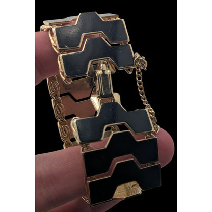 Mod MCM 1960s Vintage Black Enamel Geometric Link Bracelet Gold Tone