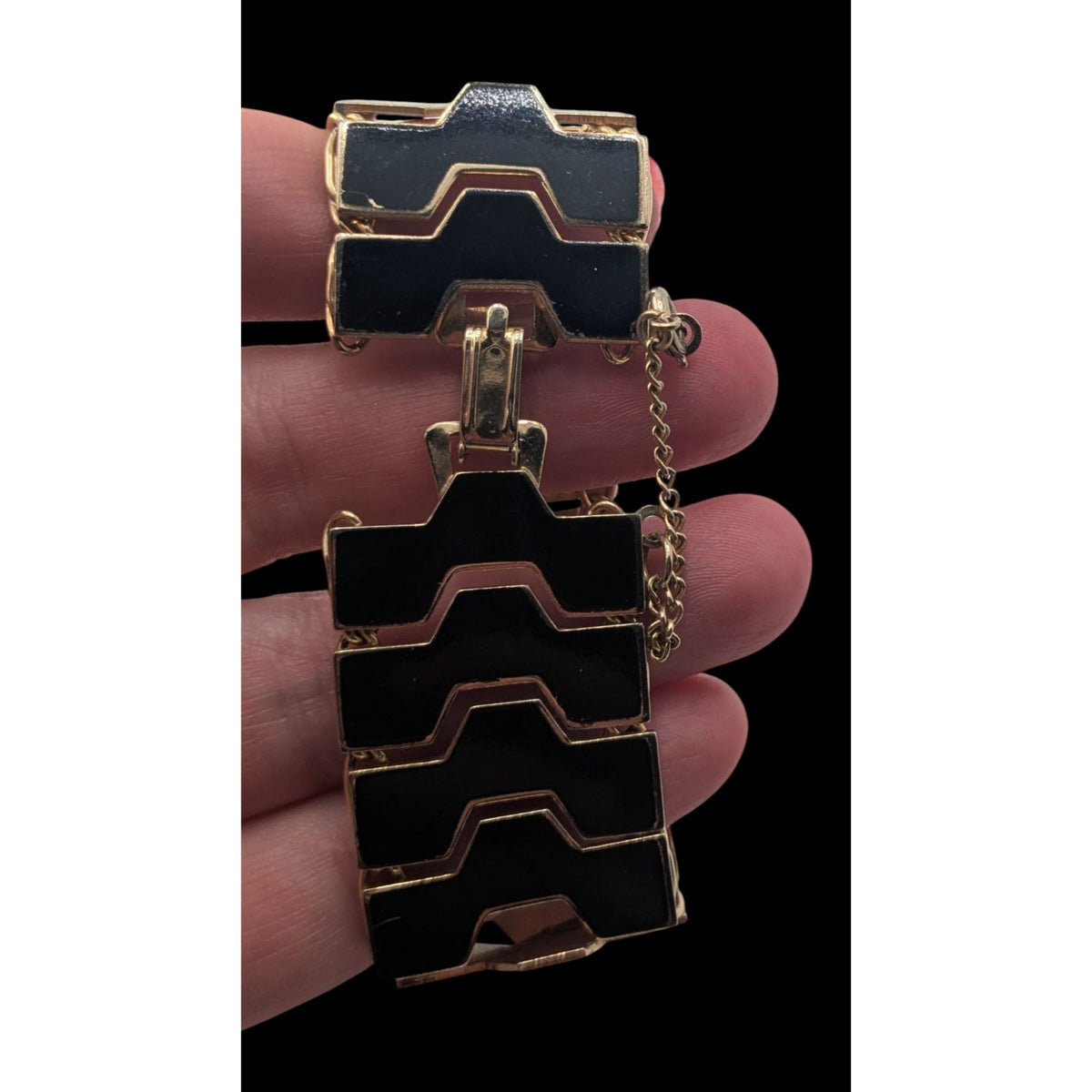 Mod MCM 1960s Vintage Black Enamel Geometric Link Bracelet Gold Tone