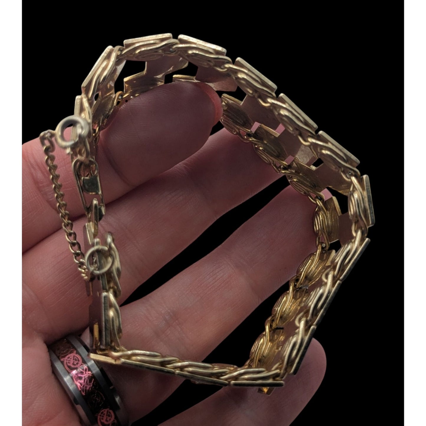 Mod MCM 1960s Vintage Black Enamel Geometric Link Bracelet Gold Tone