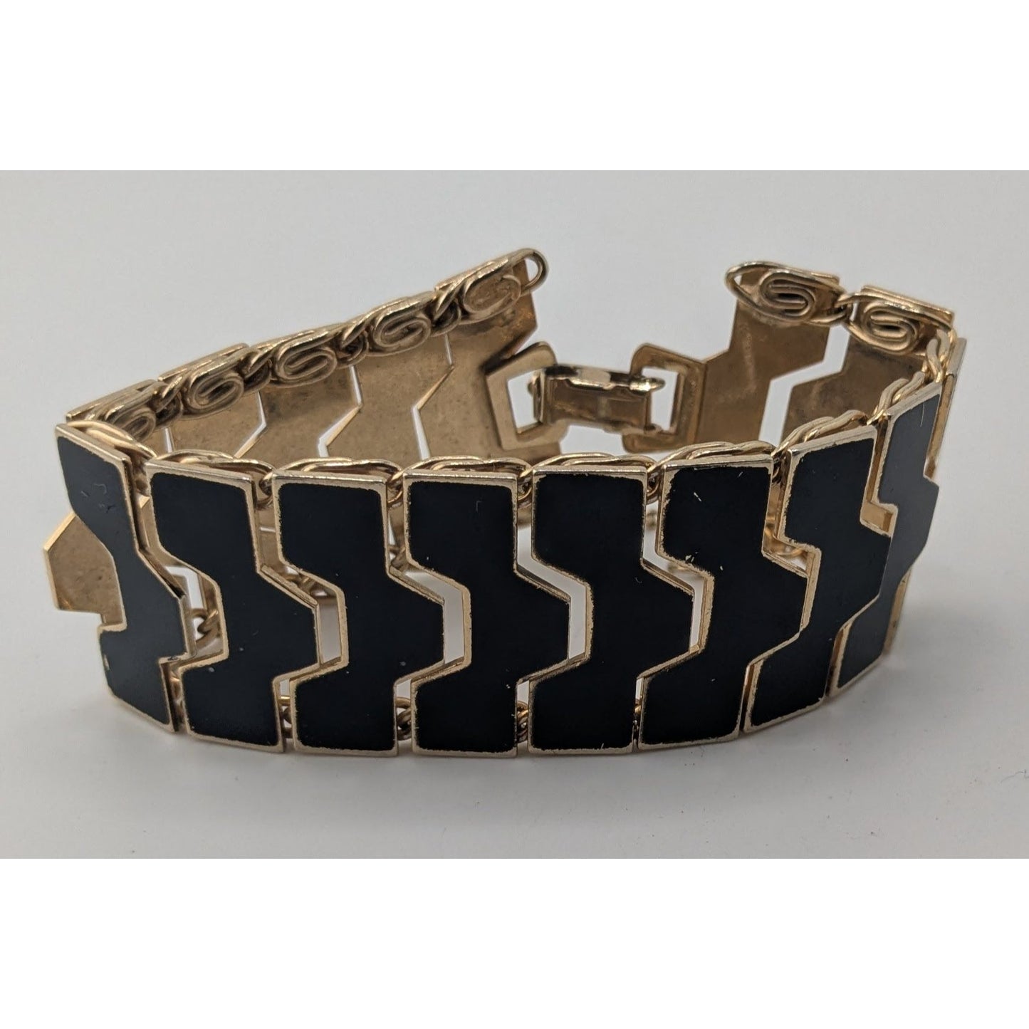 Mod MCM 1960s Vintage Black Enamel Geometric Link Bracelet Gold Tone