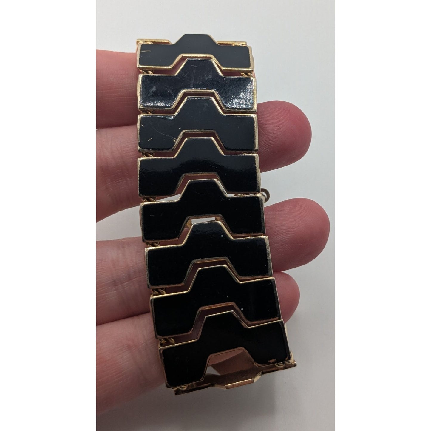 Mod MCM 1960s Vintage Black Enamel Geometric Link Bracelet Gold Tone