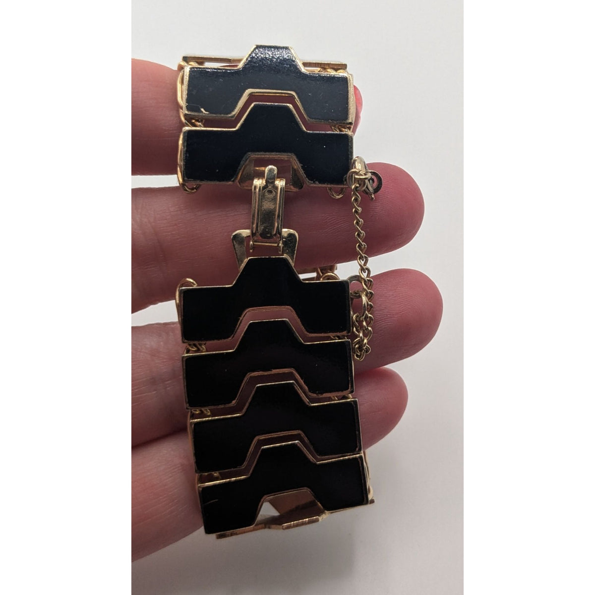 Mod MCM 1960s Vintage Black Enamel Geometric Link Bracelet Gold Tone