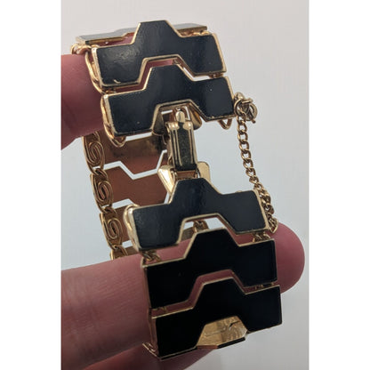 Mod MCM 1960s Vintage Black Enamel Geometric Link Bracelet Gold Tone