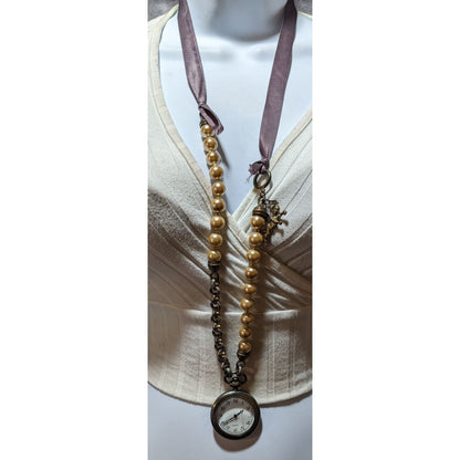 Upcycled Victorian Style Pearl Ribbon Watch Necklace