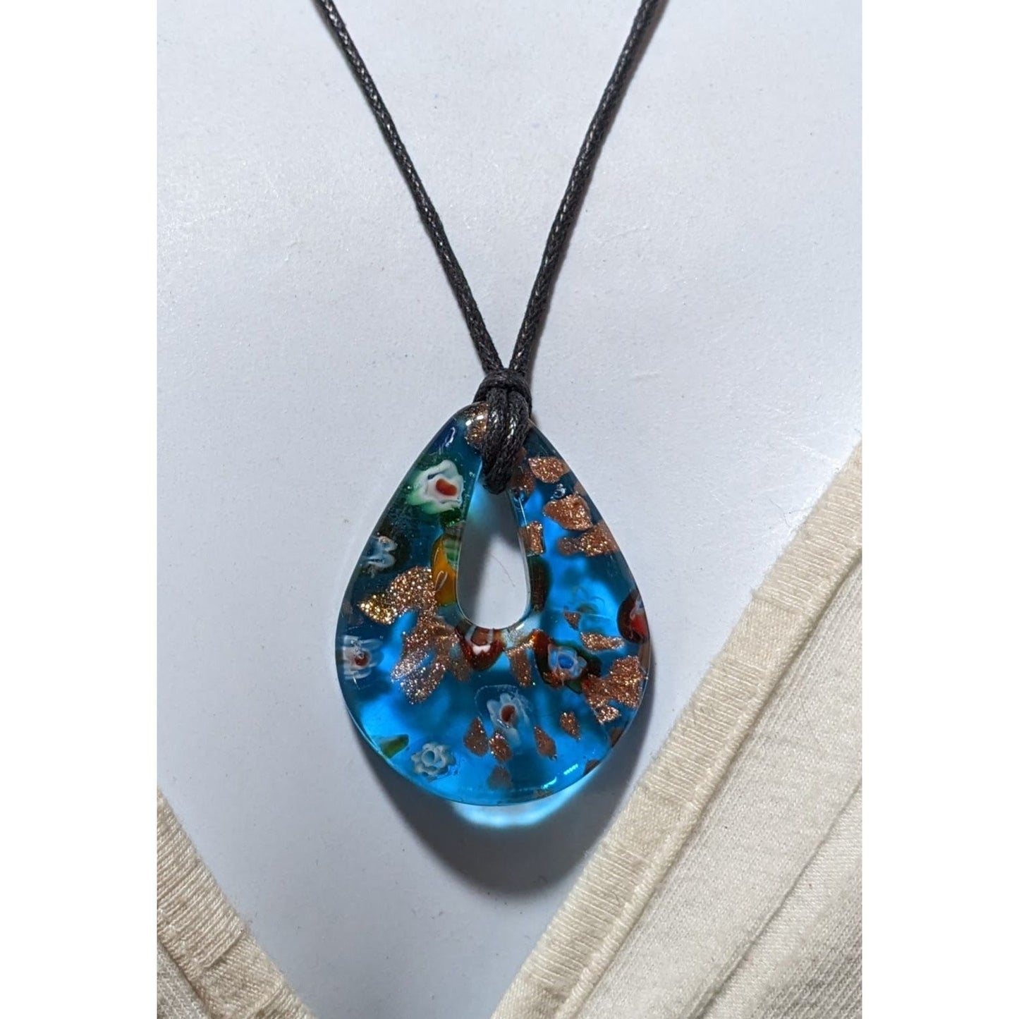 Blue Millefiori Glass Blue Teardrop Necklace