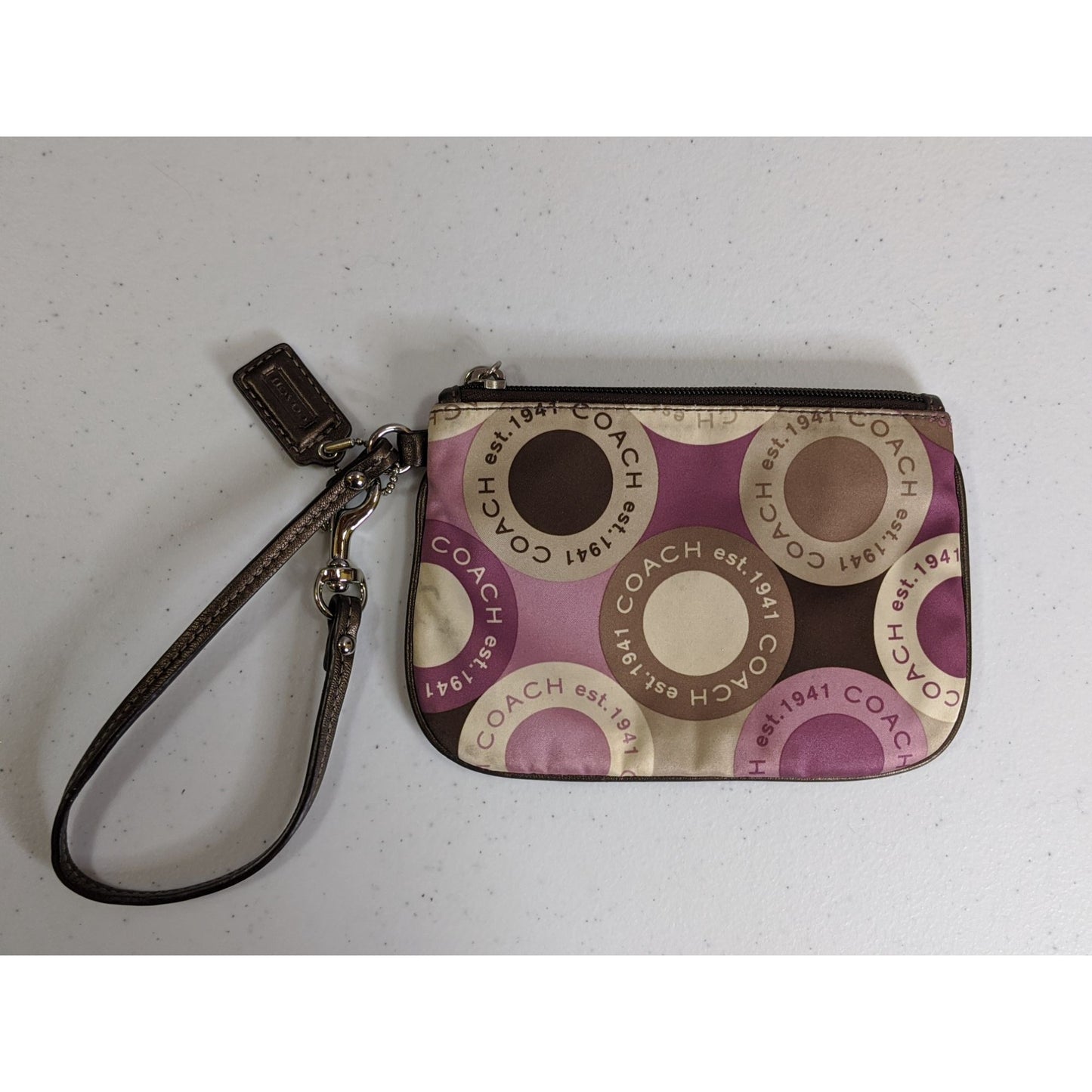 Coach Purple Circle Print Wristlet With Zip Closure