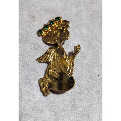 Vintage Gold Green Rhinestone Angel Brooch