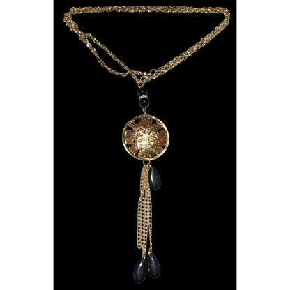 Gold Floral Crystal Filled Pendant Tassel Necklace