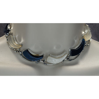 Vintage Retro Blue & White Lucite Crescent Necklace