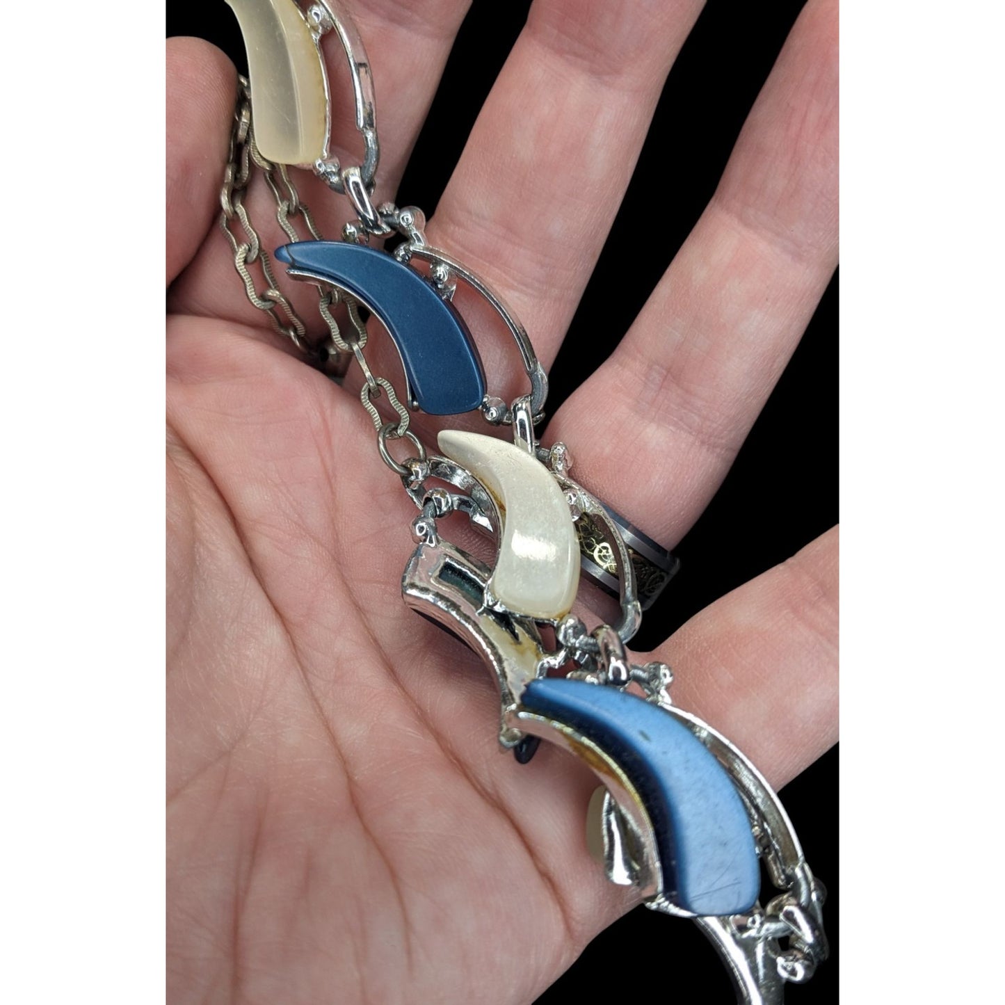 Vintage Retro Blue & White Lucite Crescent Necklace
