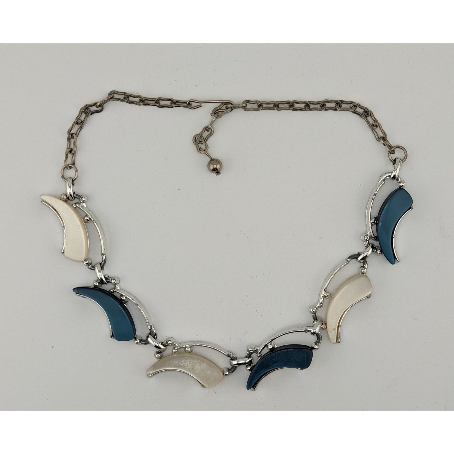 Vintage Retro Blue & White Lucite Crescent Necklace