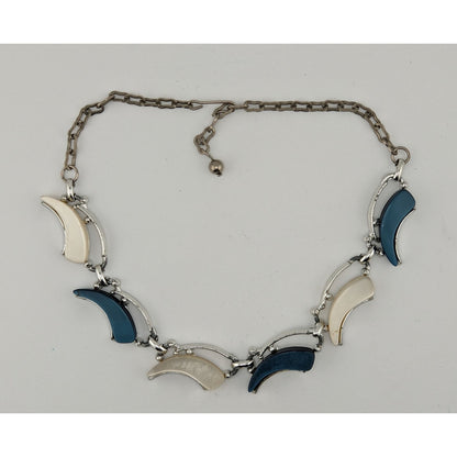 Vintage Retro Blue & White Lucite Crescent Necklace