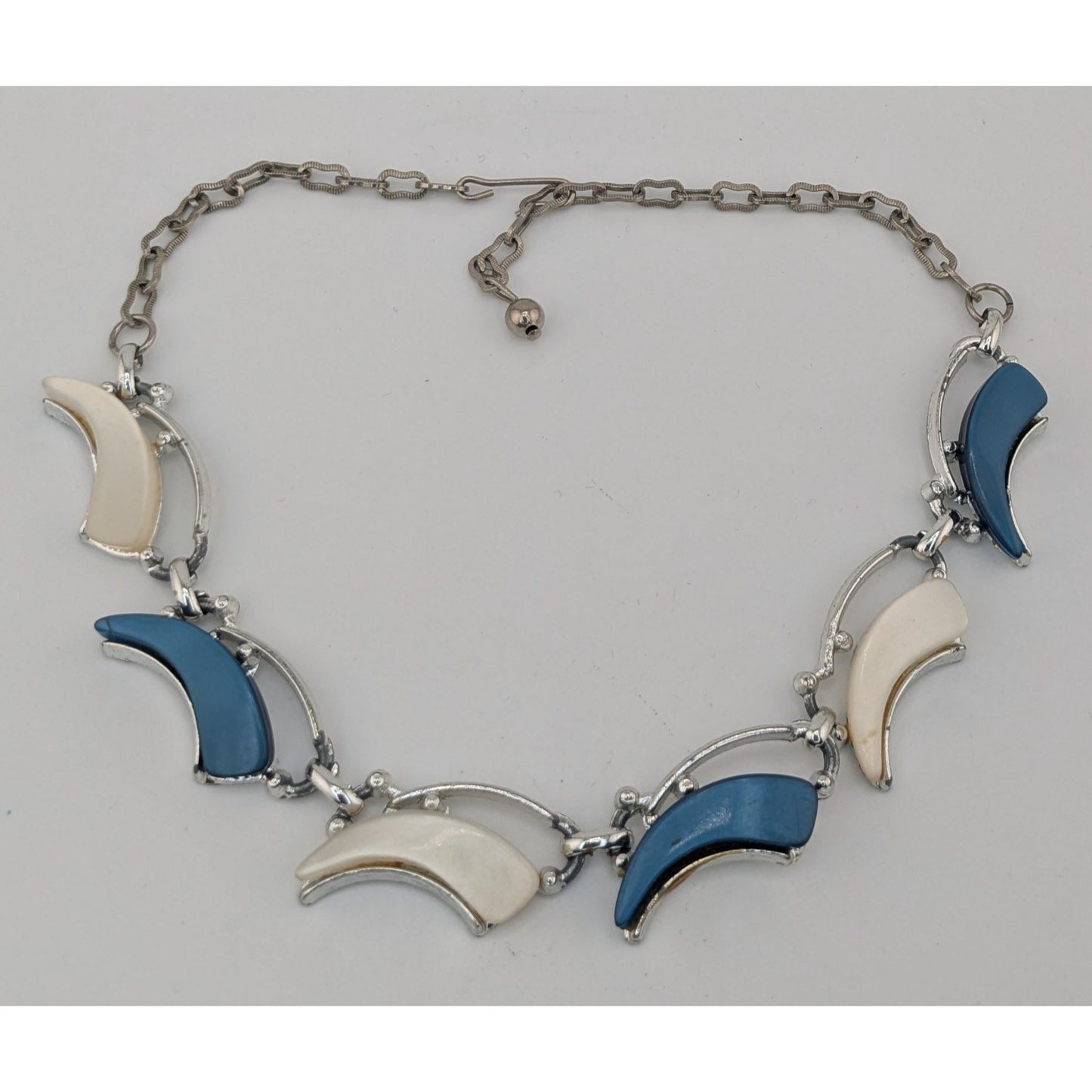 Vintage Retro Blue & White Lucite Crescent Necklace
